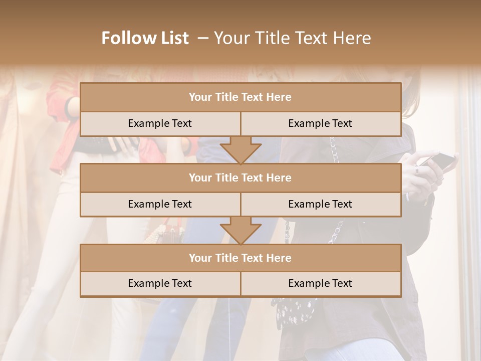 A Woman Looking At Her Cell Phone In Front Of Mannequins PowerPoint Template