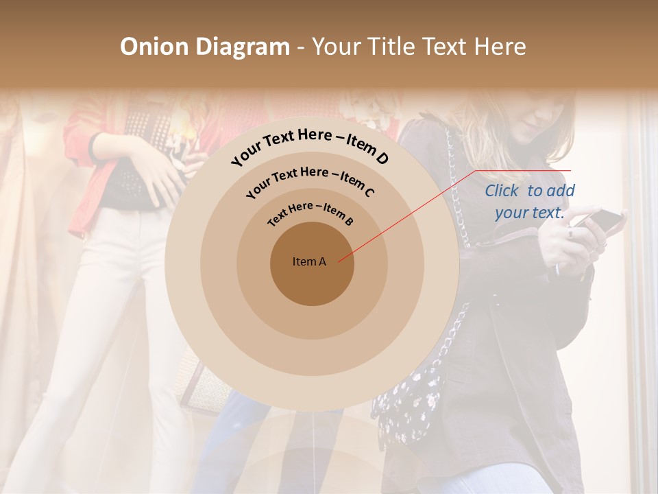 A Woman Looking At Her Cell Phone In Front Of Mannequins PowerPoint Template