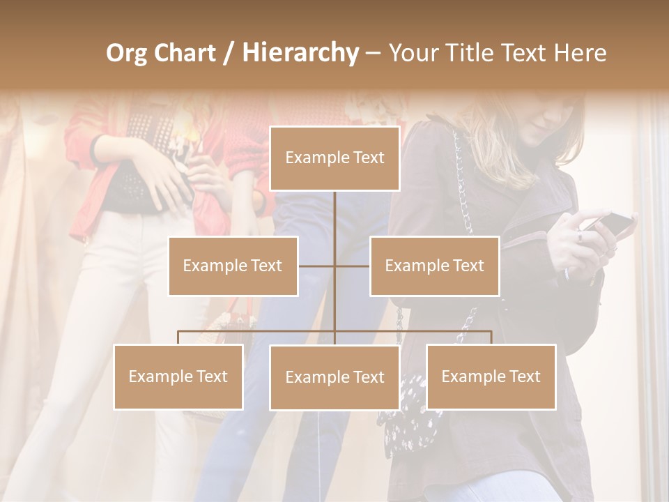 A Woman Looking At Her Cell Phone In Front Of Mannequins PowerPoint Template