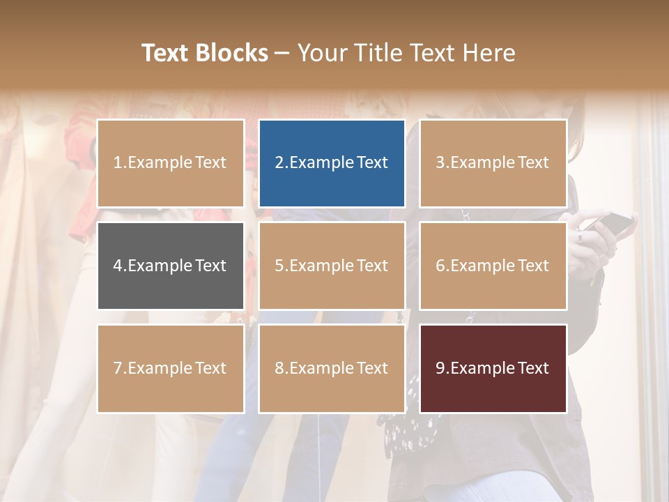 A Woman Looking At Her Cell Phone In Front Of Mannequins PowerPoint Template
