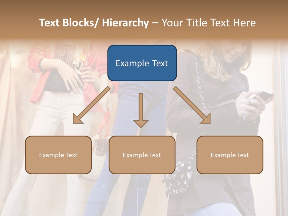 A Woman Looking At Her Cell Phone In Front Of Mannequins PowerPoint Template