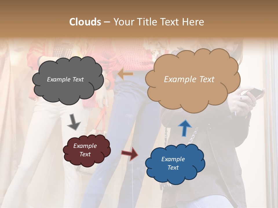 A Woman Looking At Her Cell Phone In Front Of Mannequins PowerPoint Template