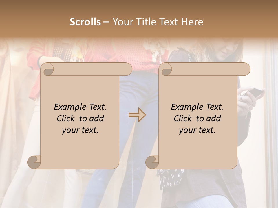 A Woman Looking At Her Cell Phone In Front Of Mannequins PowerPoint Template
