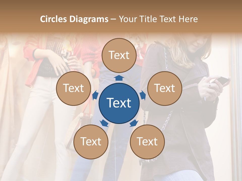 A Woman Looking At Her Cell Phone In Front Of Mannequins PowerPoint Template