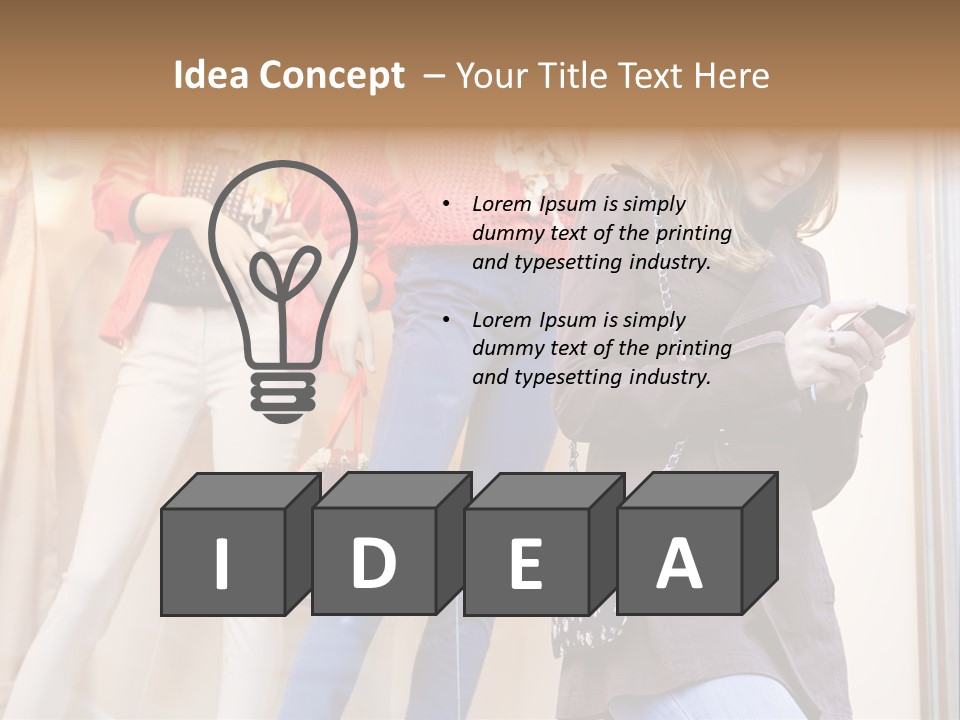 A Woman Looking At Her Cell Phone In Front Of Mannequins PowerPoint Template