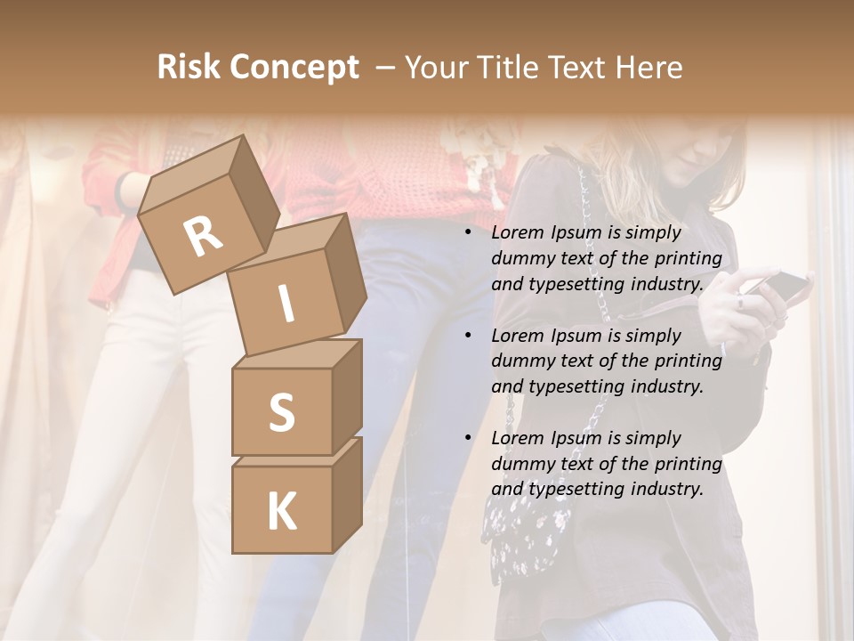 A Woman Looking At Her Cell Phone In Front Of Mannequins PowerPoint Template