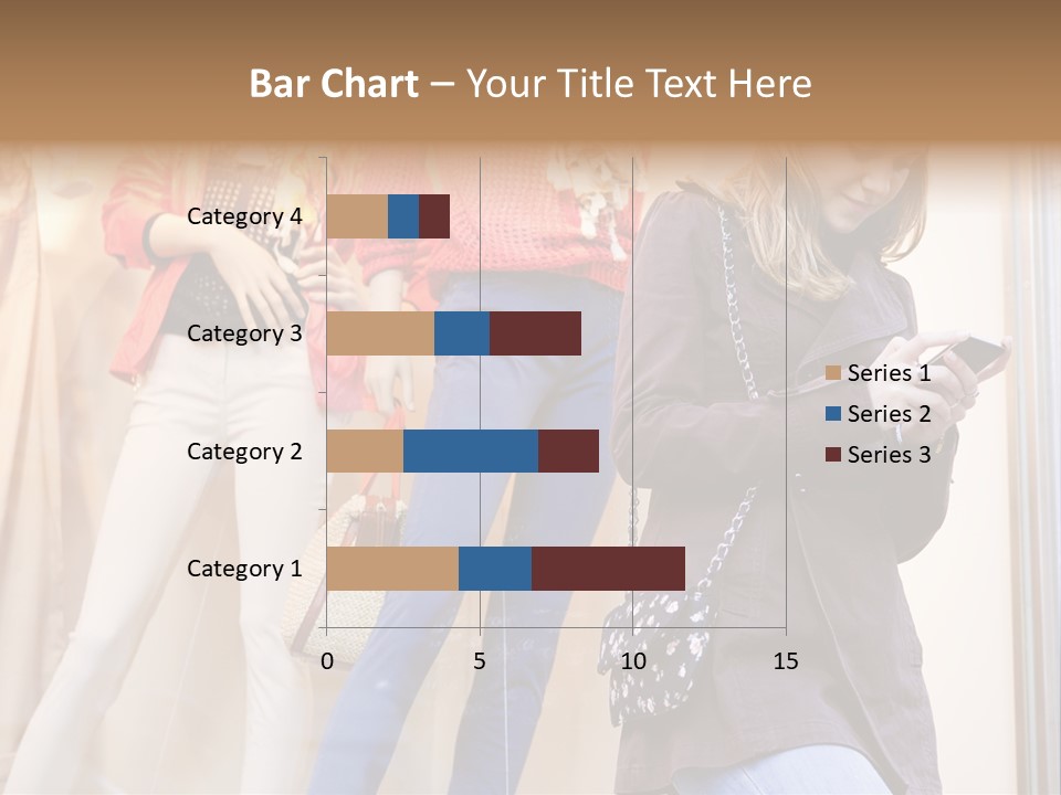 A Woman Looking At Her Cell Phone In Front Of Mannequins PowerPoint Template