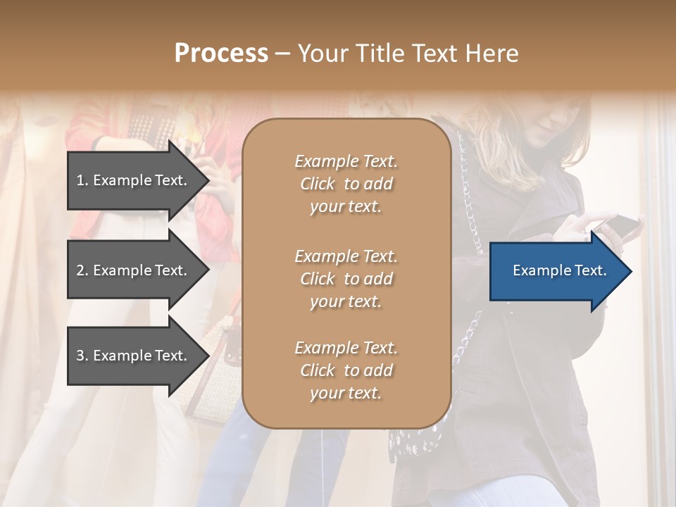 A Woman Looking At Her Cell Phone In Front Of Mannequins PowerPoint Template