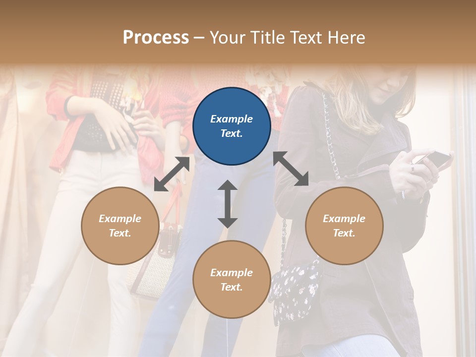 A Woman Looking At Her Cell Phone In Front Of Mannequins PowerPoint Template