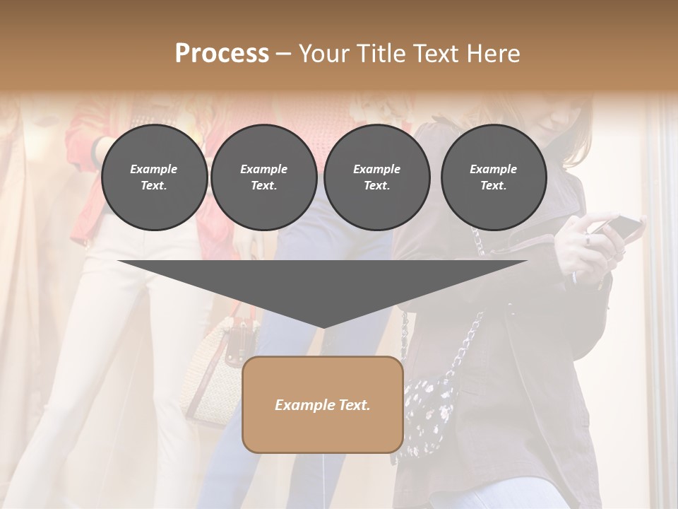 A Woman Looking At Her Cell Phone In Front Of Mannequins PowerPoint Template