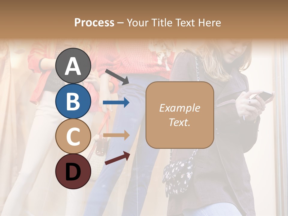 A Woman Looking At Her Cell Phone In Front Of Mannequins PowerPoint Template
