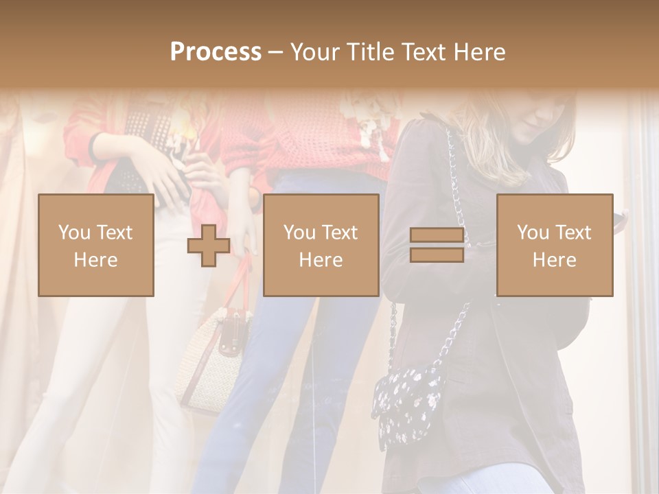 A Woman Looking At Her Cell Phone In Front Of Mannequins PowerPoint Template