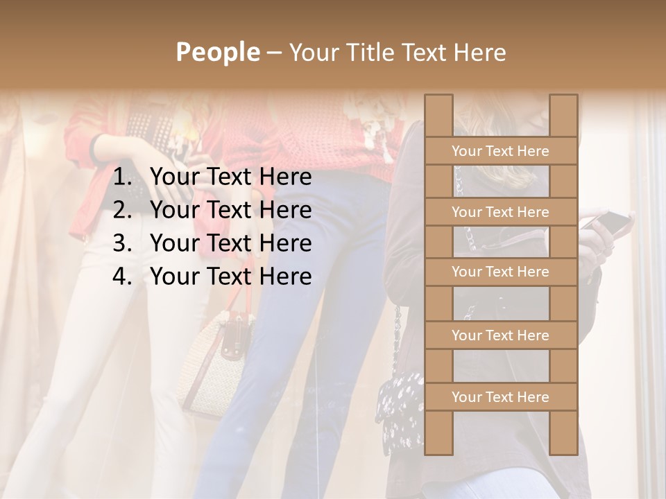 A Woman Looking At Her Cell Phone In Front Of Mannequins PowerPoint Template