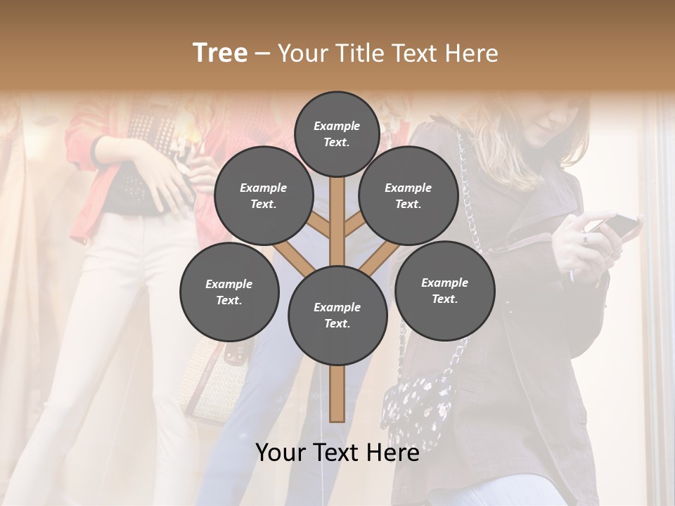 A Woman Looking At Her Cell Phone In Front Of Mannequins PowerPoint Template