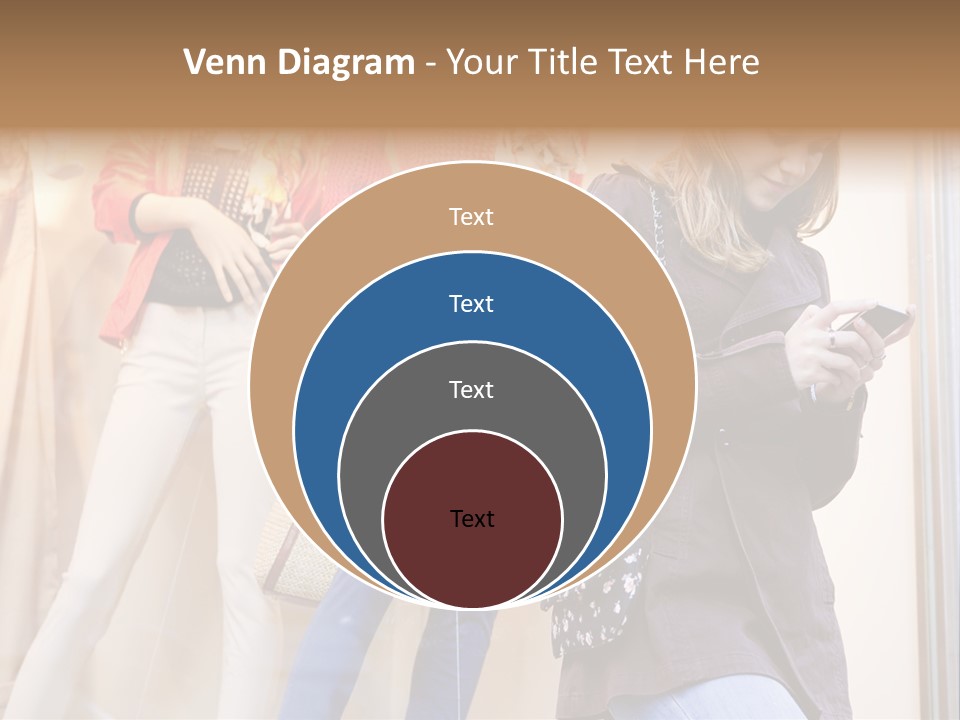 A Woman Looking At Her Cell Phone In Front Of Mannequins PowerPoint Template