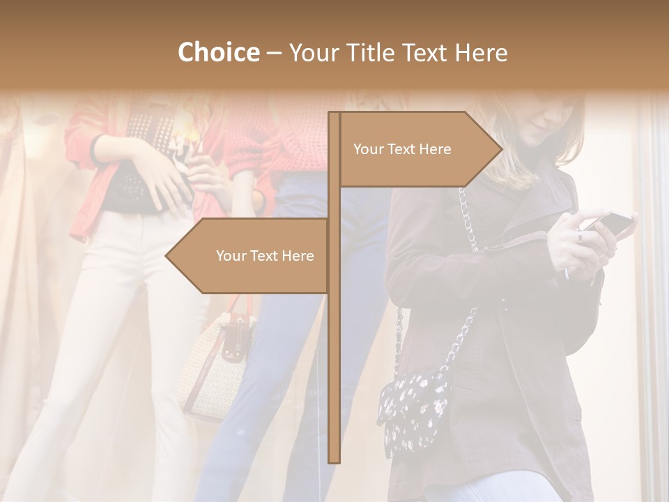 A Woman Looking At Her Cell Phone In Front Of Mannequins PowerPoint Template