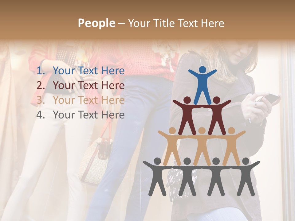 A Woman Looking At Her Cell Phone In Front Of Mannequins PowerPoint Template