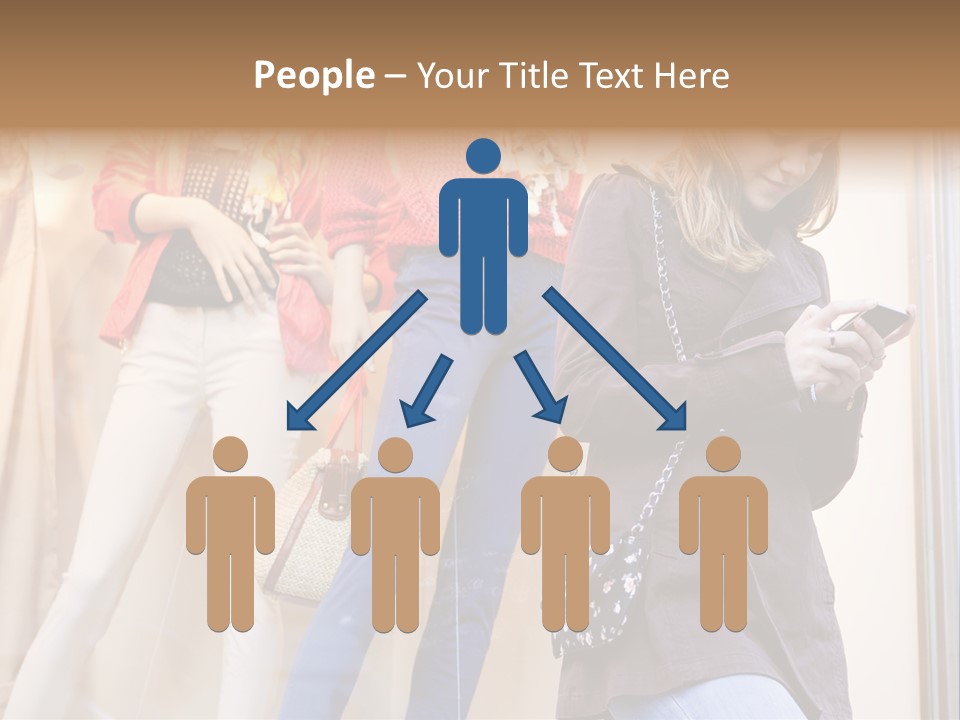 A Woman Looking At Her Cell Phone In Front Of Mannequins PowerPoint Template