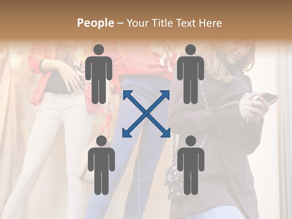 A Woman Looking At Her Cell Phone In Front Of Mannequins PowerPoint Template
