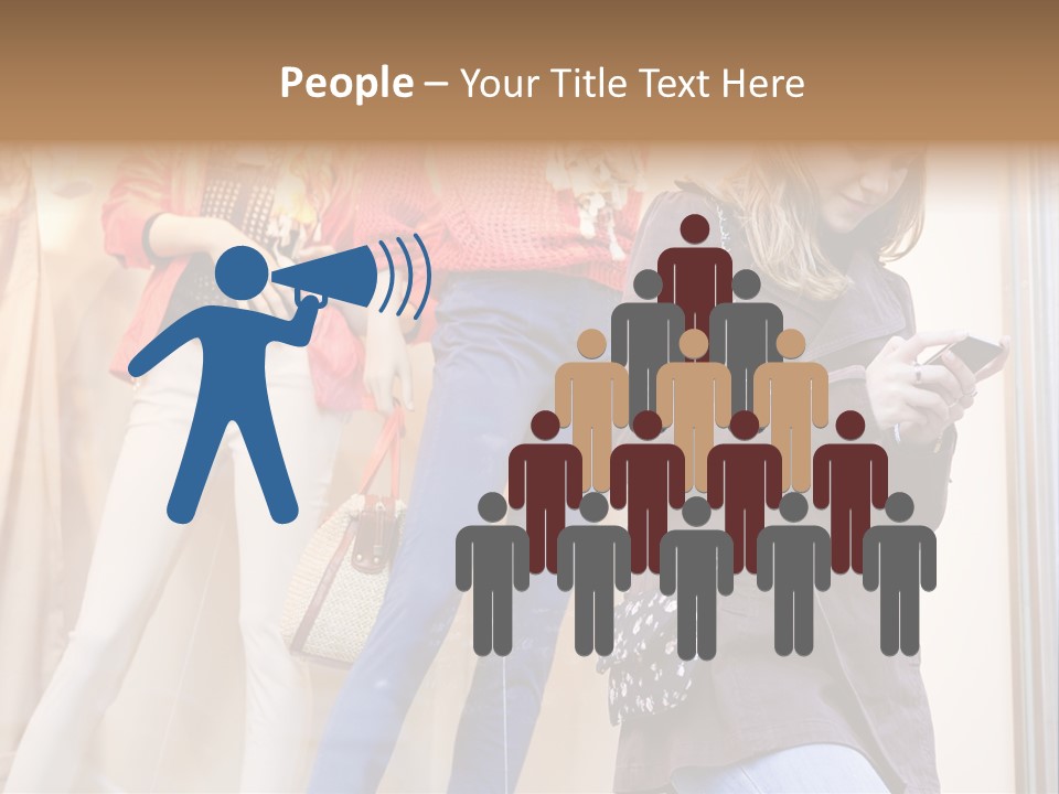 A Woman Looking At Her Cell Phone In Front Of Mannequins PowerPoint Template