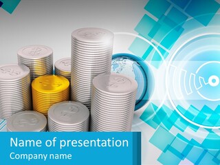 A Pile Of Coins With A Globe In The Background PowerPoint Template