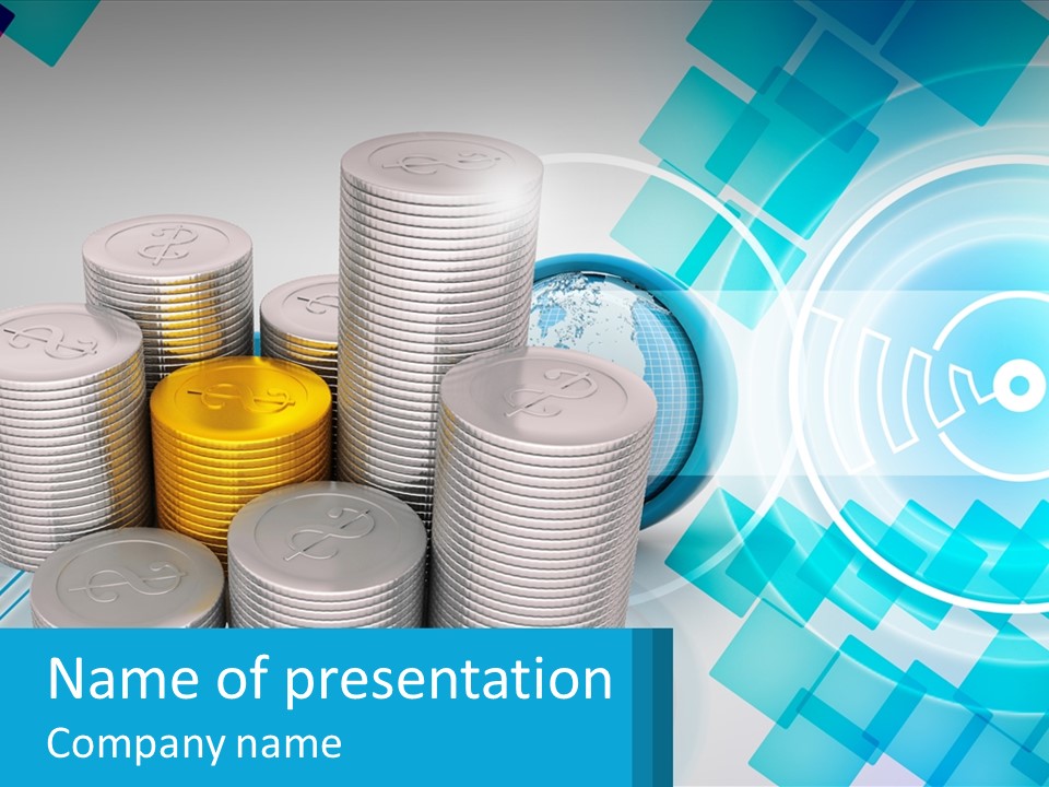 A Pile Of Coins With A Globe In The Background PowerPoint Template