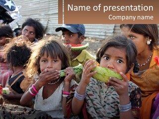 A Group Of Children Eating Food In Front Of A Building PowerPoint Template