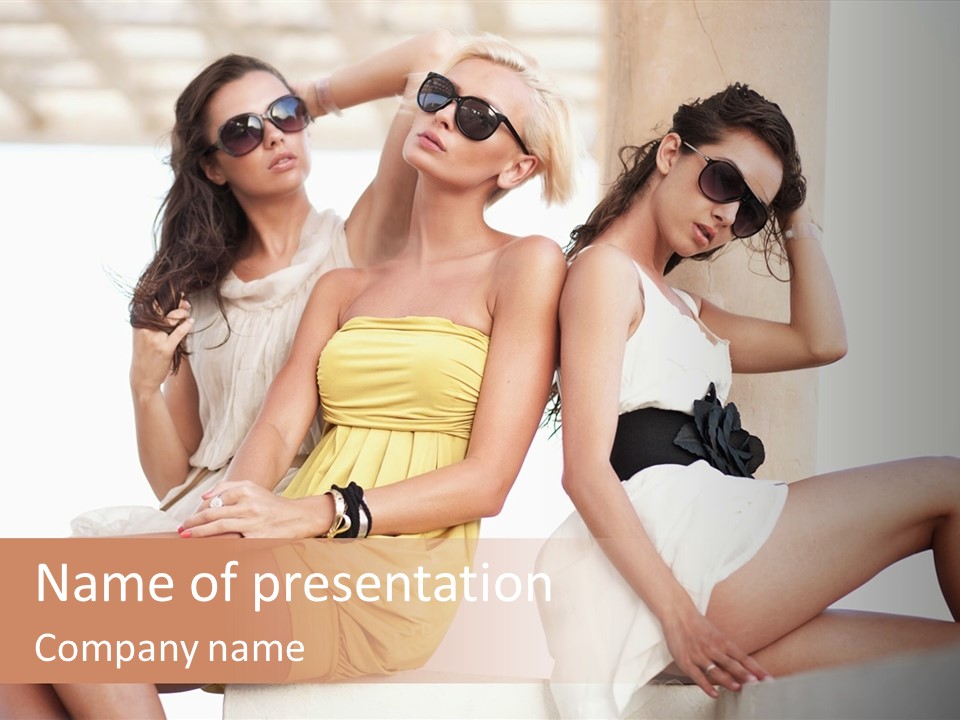 Three Beautiful Women In Dresses And Sunglasses Posing For A Picture PowerPoint Template