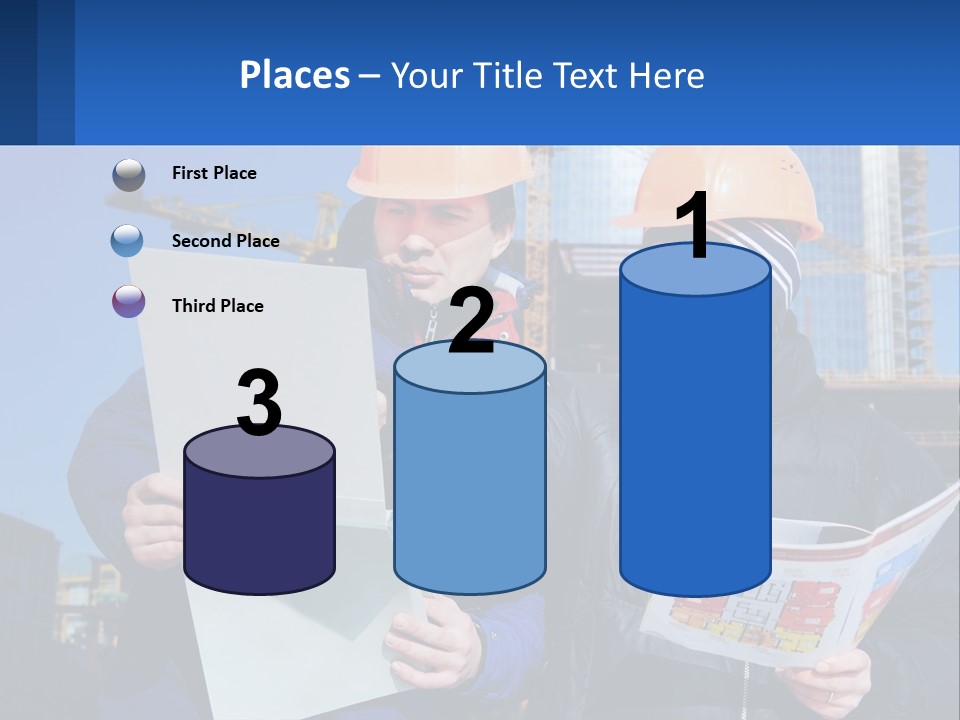 Two Men In Hard Hats Are Looking At A Blueprint PowerPoint Template