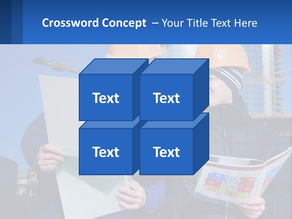 Two Men In Hard Hats Are Looking At A Blueprint PowerPoint Template