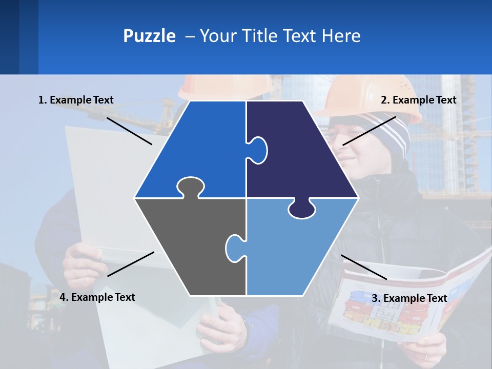 Two Men In Hard Hats Are Looking At A Blueprint PowerPoint Template