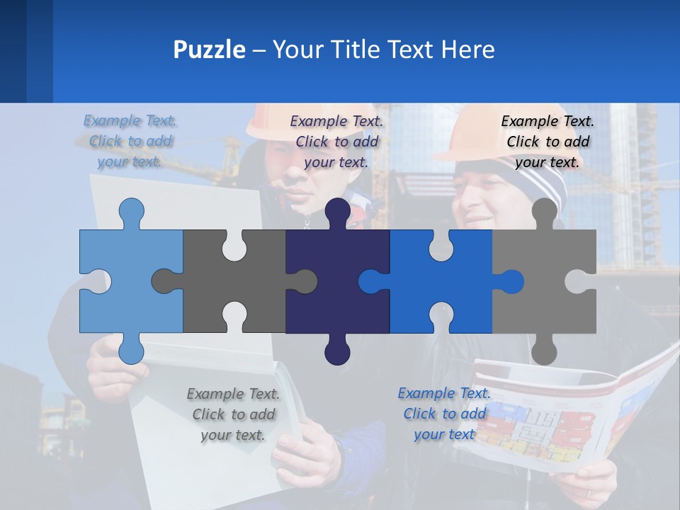 Two Men In Hard Hats Are Looking At A Blueprint PowerPoint Template