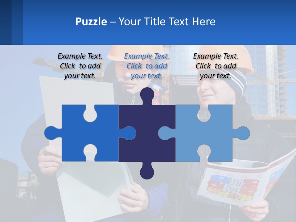 Two Men In Hard Hats Are Looking At A Blueprint PowerPoint Template