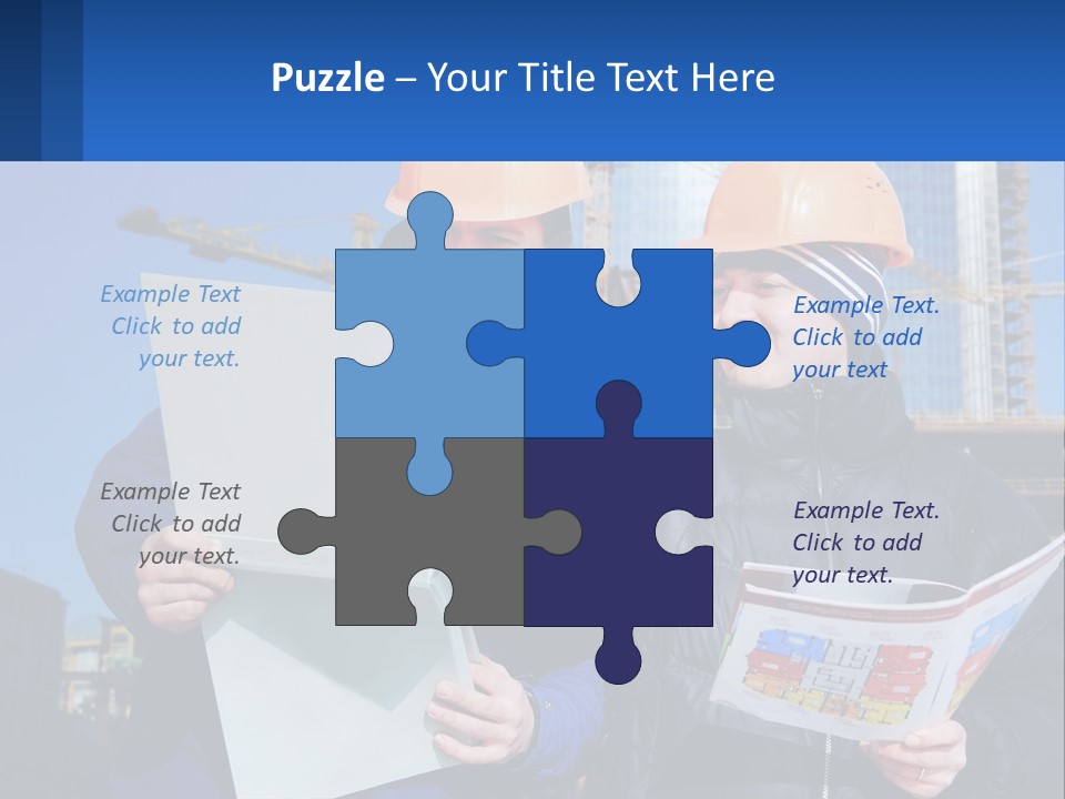 Two Men In Hard Hats Are Looking At A Blueprint PowerPoint Template