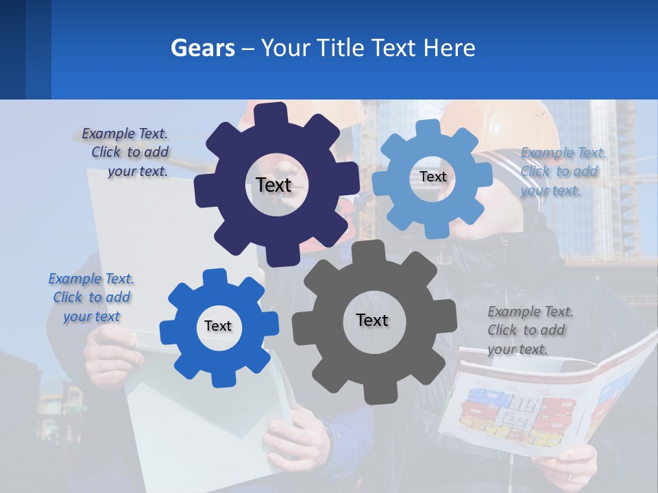 Two Men In Hard Hats Are Looking At A Blueprint PowerPoint Template