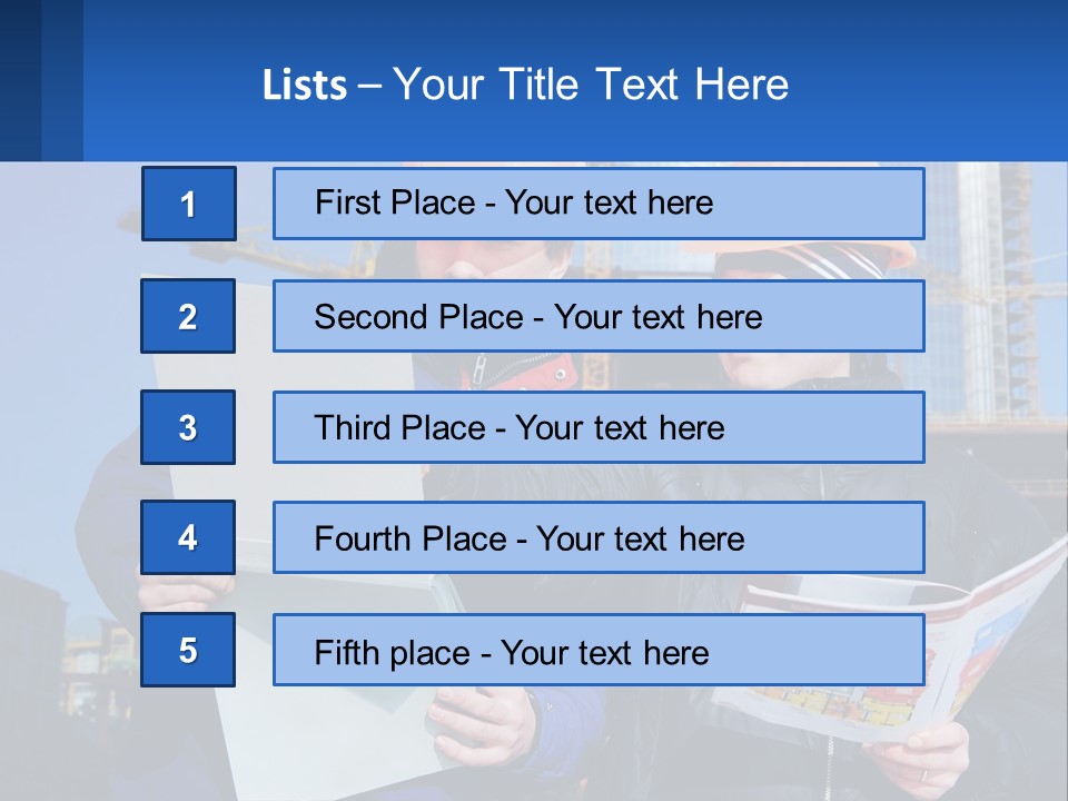 Two Men In Hard Hats Are Looking At A Blueprint PowerPoint Template