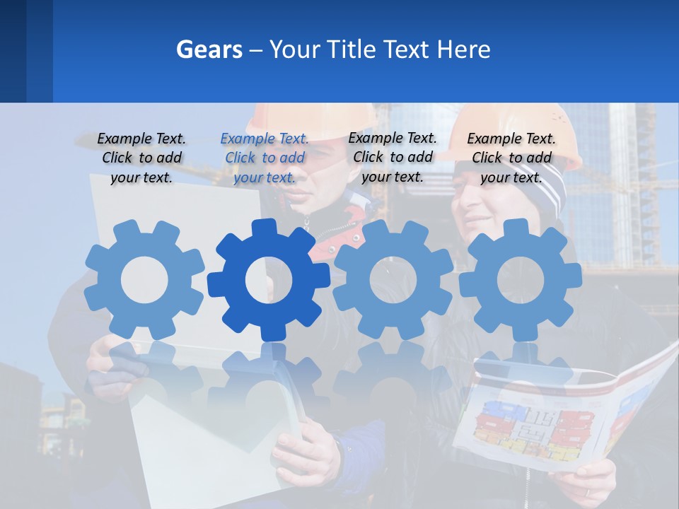 Two Men In Hard Hats Are Looking At A Blueprint PowerPoint Template