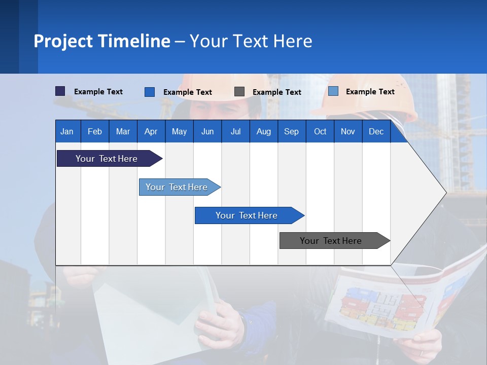 Two Men In Hard Hats Are Looking At A Blueprint PowerPoint Template