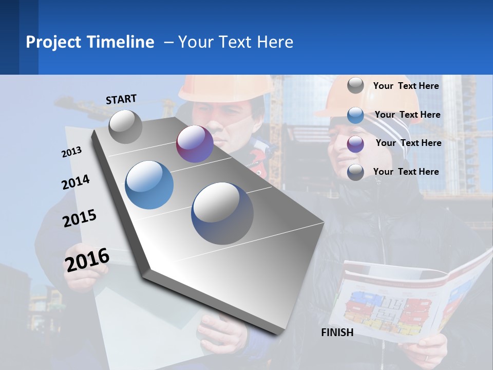 Two Men In Hard Hats Are Looking At A Blueprint PowerPoint Template