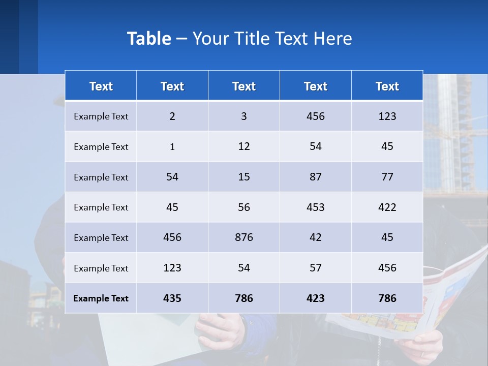 Two Men In Hard Hats Are Looking At A Blueprint PowerPoint Template