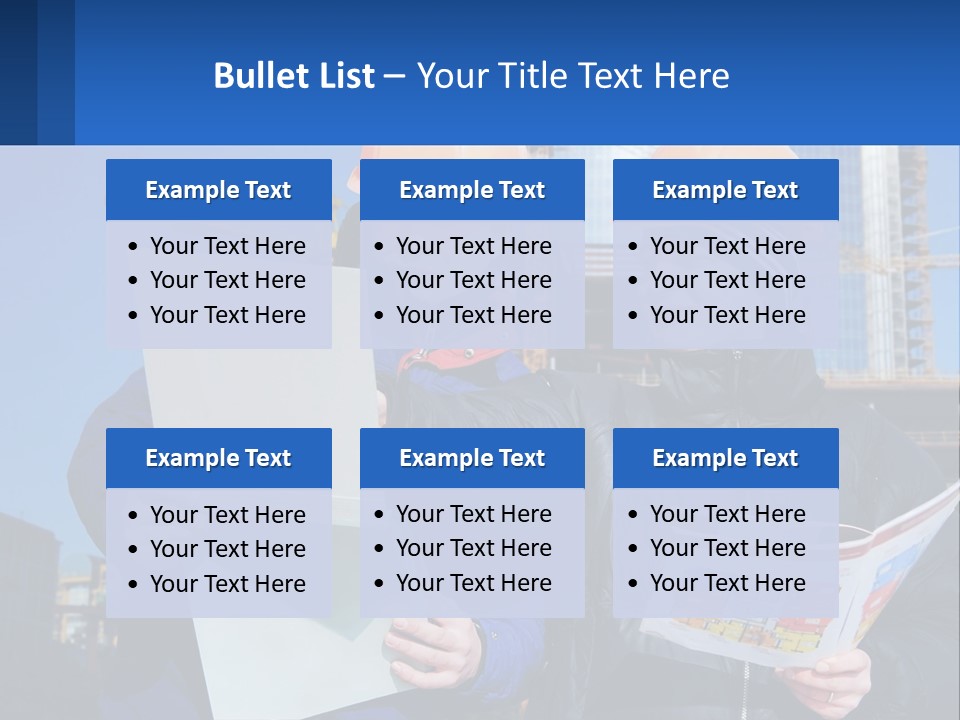 Two Men In Hard Hats Are Looking At A Blueprint PowerPoint Template