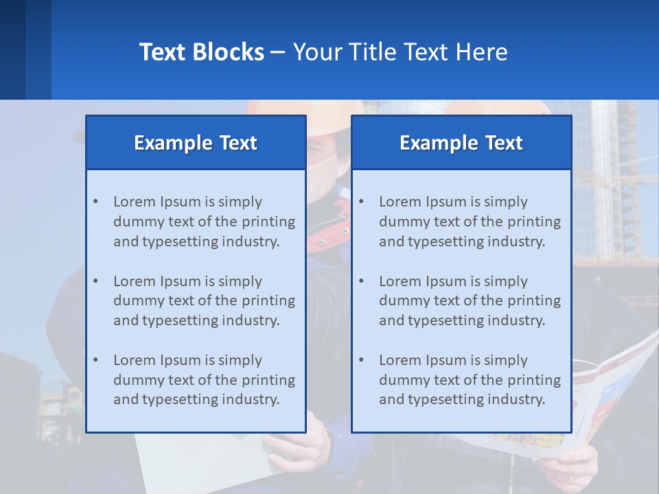 Two Men In Hard Hats Are Looking At A Blueprint PowerPoint Template