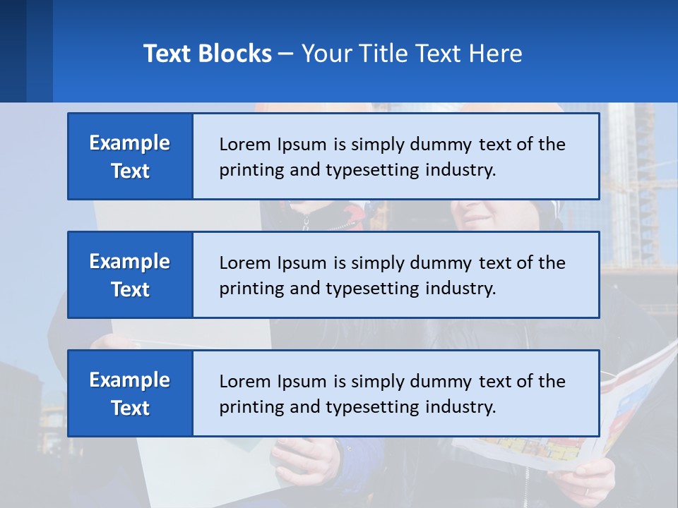 Two Men In Hard Hats Are Looking At A Blueprint PowerPoint Template