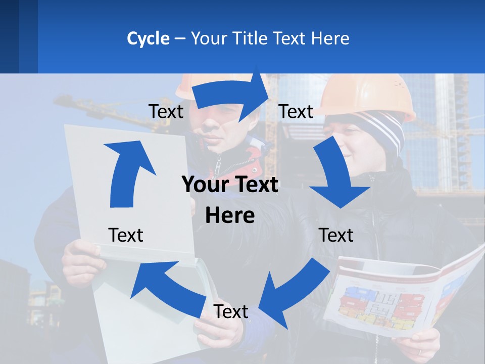 Two Men In Hard Hats Are Looking At A Blueprint PowerPoint Template