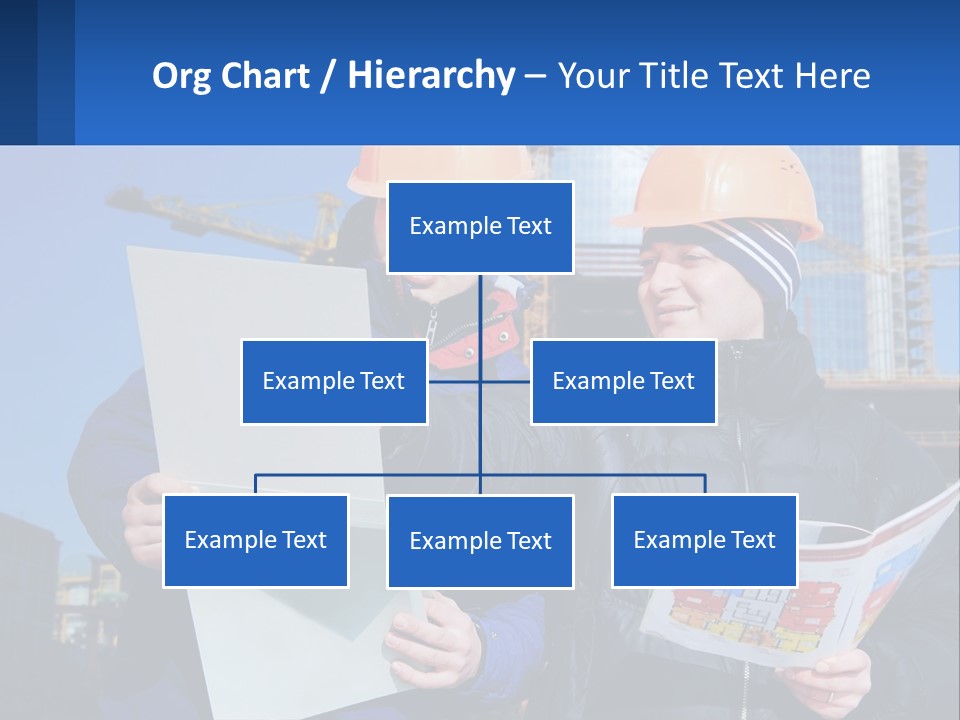 Two Men In Hard Hats Are Looking At A Blueprint PowerPoint Template