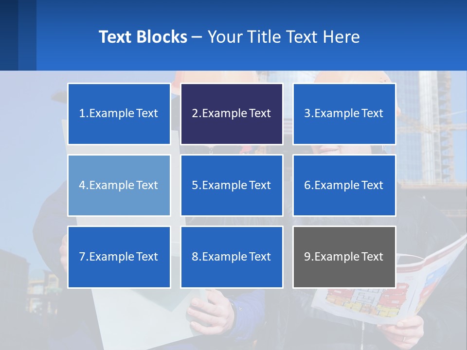 Two Men In Hard Hats Are Looking At A Blueprint PowerPoint Template