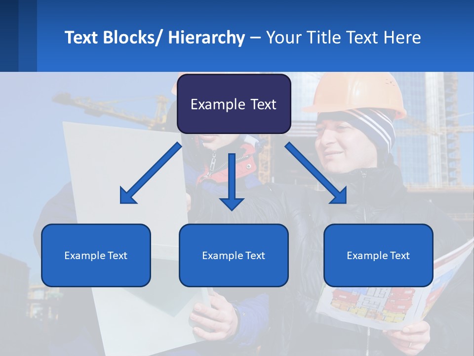 Two Men In Hard Hats Are Looking At A Blueprint PowerPoint Template