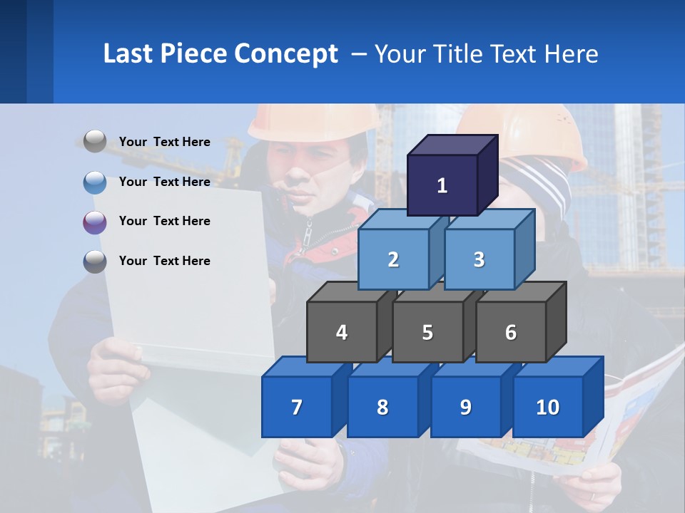 Two Men In Hard Hats Are Looking At A Blueprint PowerPoint Template