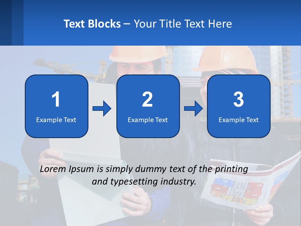 Two Men In Hard Hats Are Looking At A Blueprint PowerPoint Template