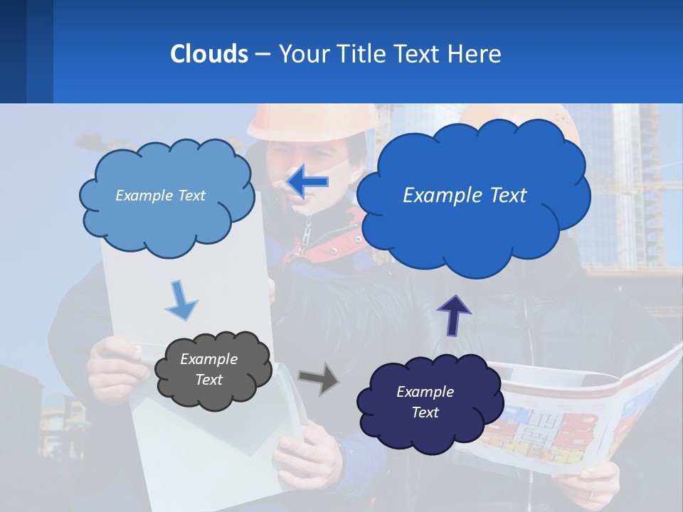 Two Men In Hard Hats Are Looking At A Blueprint PowerPoint Template